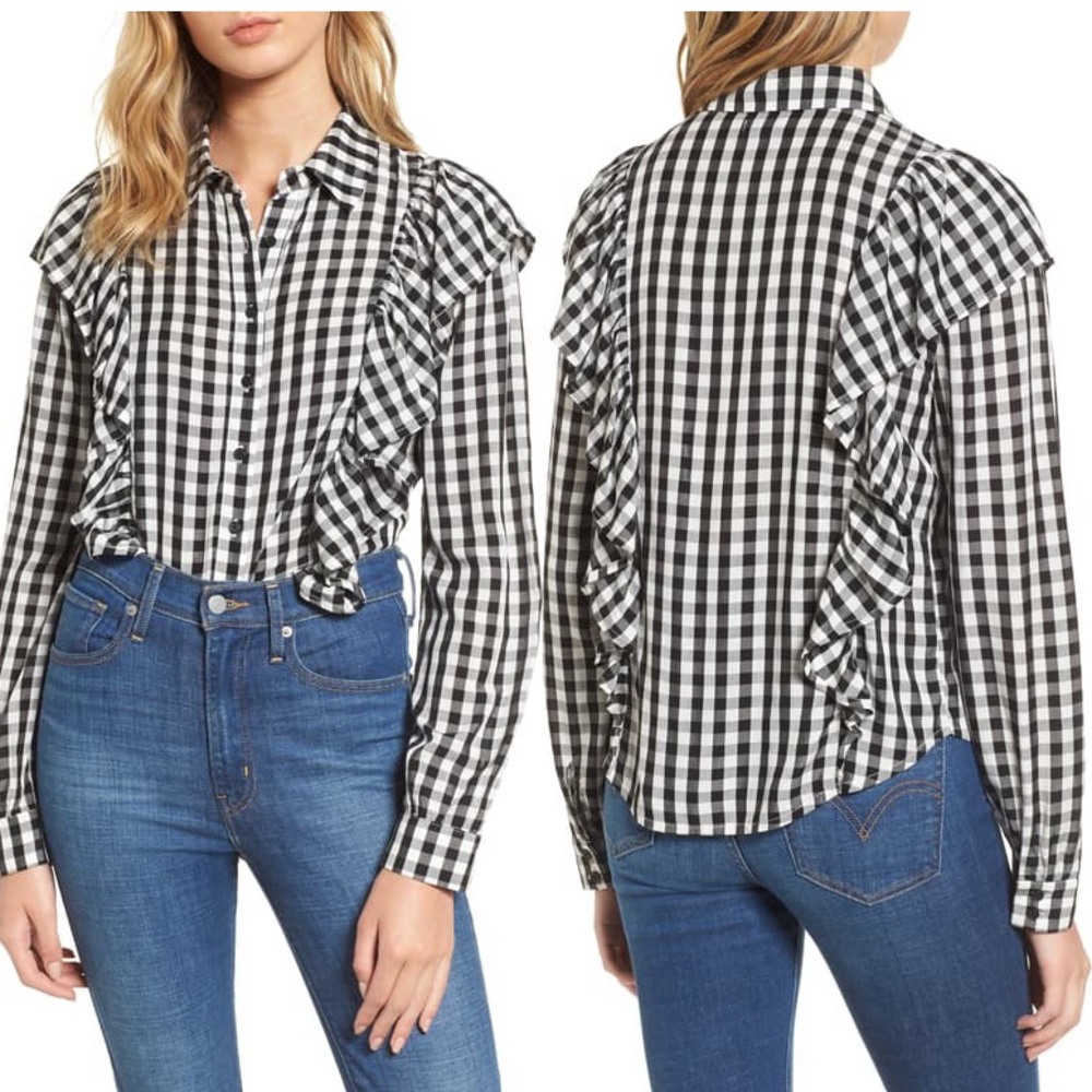 Gingham ruffle shirt.
